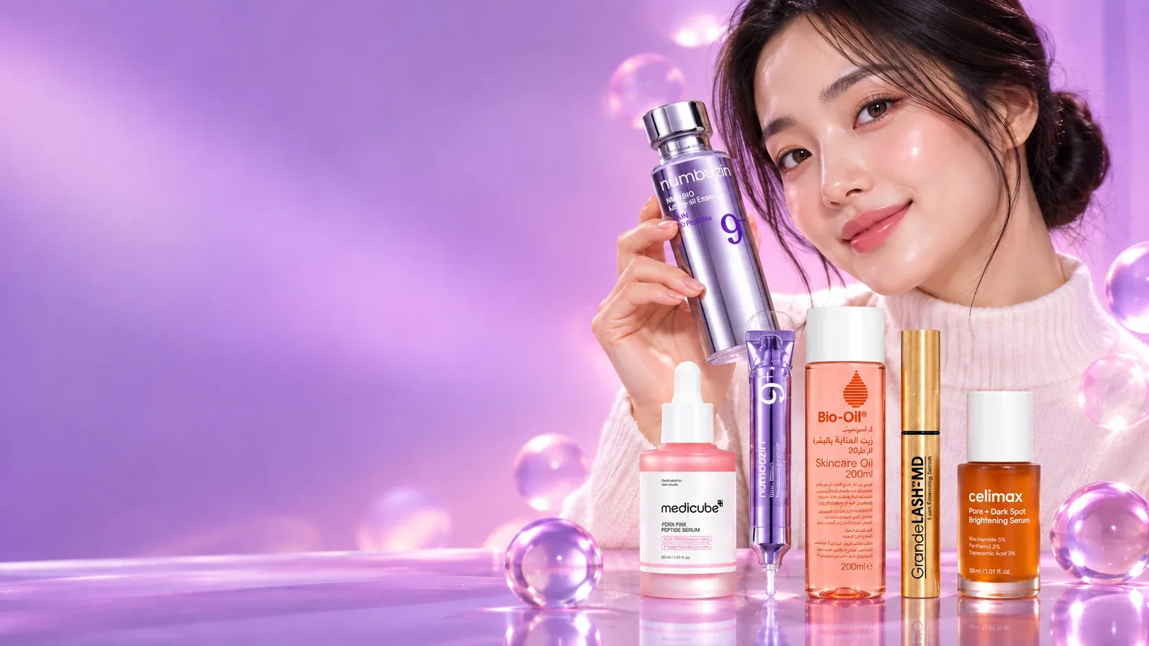 امرأة ببشرة مشرقة مع منتجات Dr Beauty Maroc الستة: numbuzin و Medicube و Bio-Oil و GrandeLASH-MD و celimax